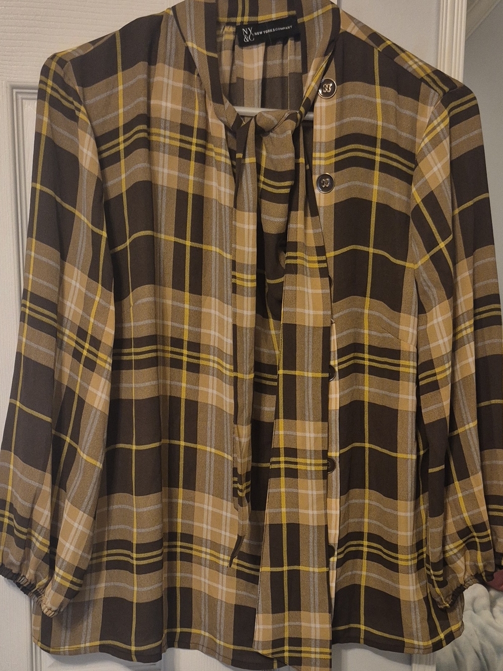 New York & Company Brown and Yellow Plaid Tie-Neck Blouse